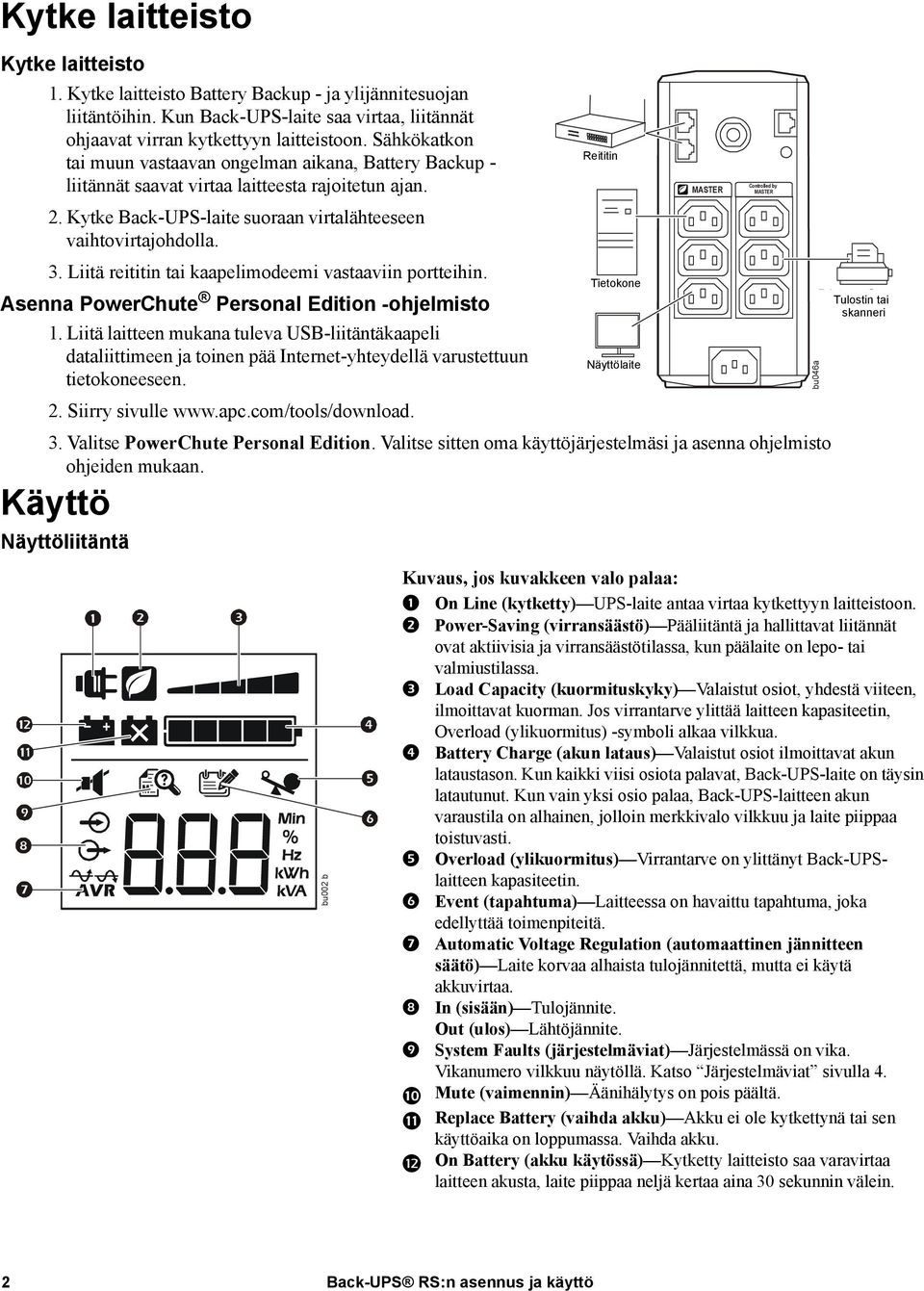 Liitä reititin tai kaapelimodeemi vastaaviin portteihin. Asenna PowerChute Personal Edition -ohjelmisto 1.