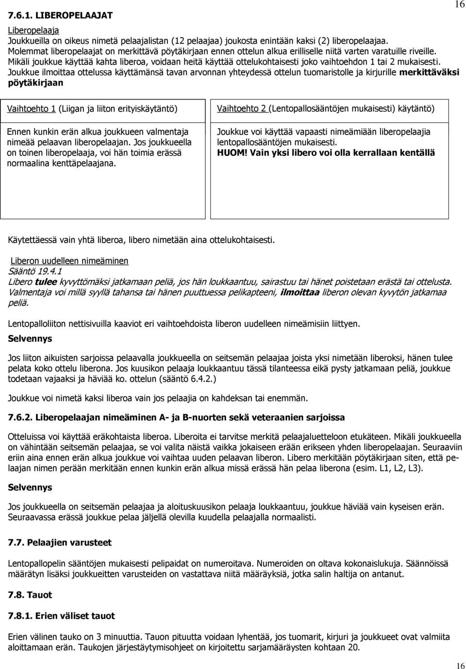 Mikäli joukkue käyttää kahta liberoa, voidaan heitä käyttää ottelukohtaisesti joko vaihtoehdon 1 tai 2 mukaisesti.