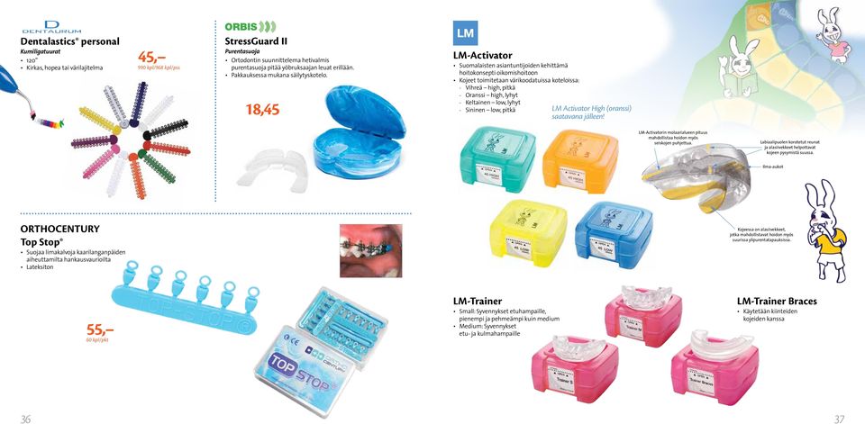18,45 LM-Activator Suomalaisten asiantuntijoiden kehittämä hoitokonsepti oikomishoitoon Kojeet toimitetaan värikoodatuissa koteloissa: -- Vihreä high, pitkä -- Oranssi high, lyhyt -- Keltainen low,