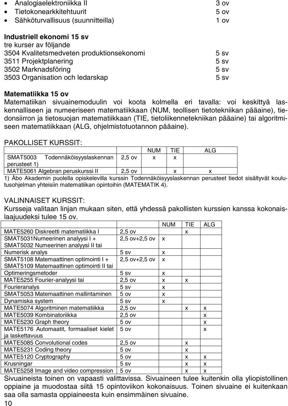 numeeriseen matematiikkaan (NUM, teollisen tietotekniikan pääaine), tiedonsiirron ja tietosuojan matematiikkaan (TIE, tietoliikennetekniikan pääaine) tai algoritmiseen matematiikkaan (ALG,