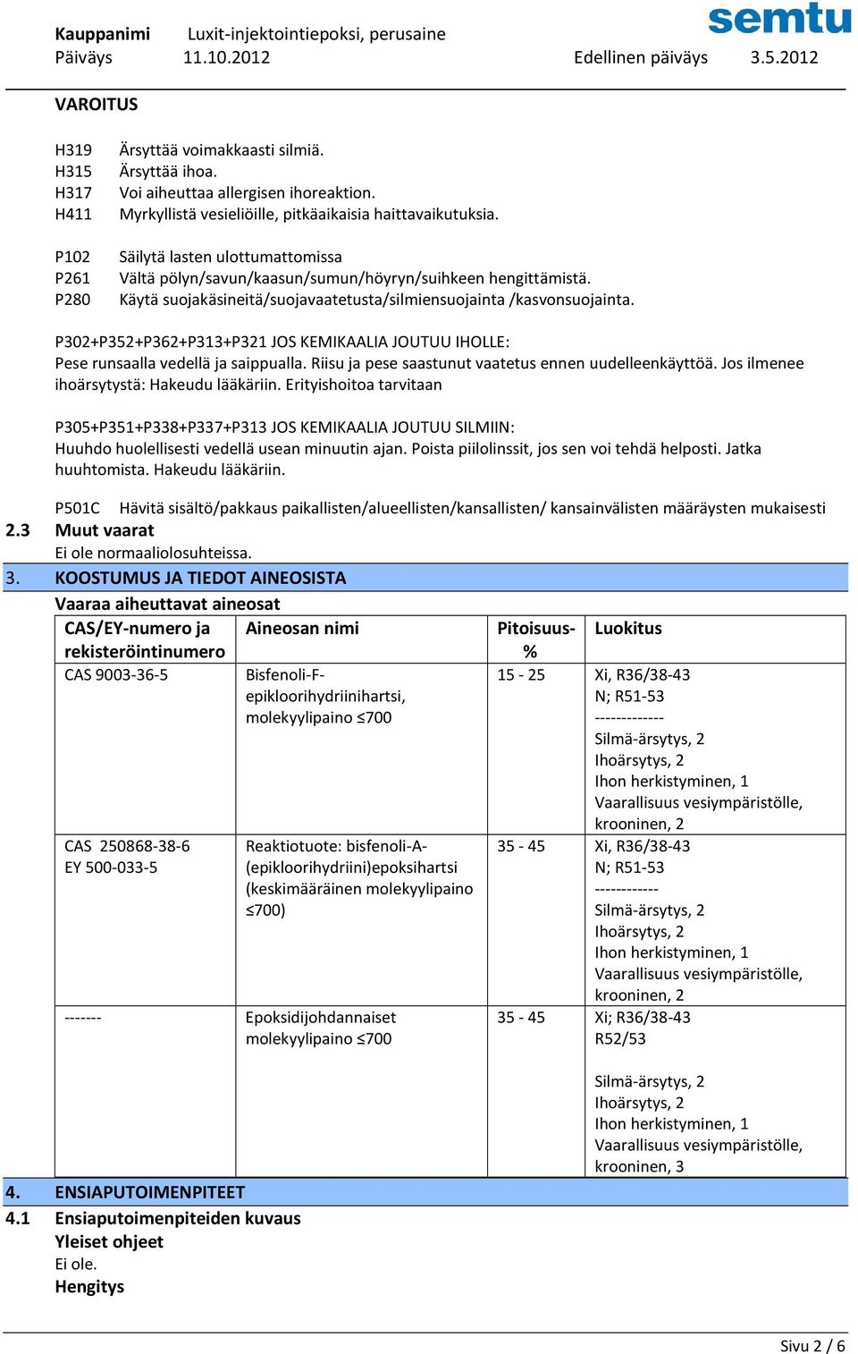 P302+P352+P362+P313+P321 JOS KEMIKAALIA JOUTUU IHOLLE: Pese runsaalla vedellä ja saippualla. Riisu ja pese saastunut vaatetus ennen uudelleenkäyttöä. Jos ilmenee ihoärsytystä: Hakeudu lääkäriin.