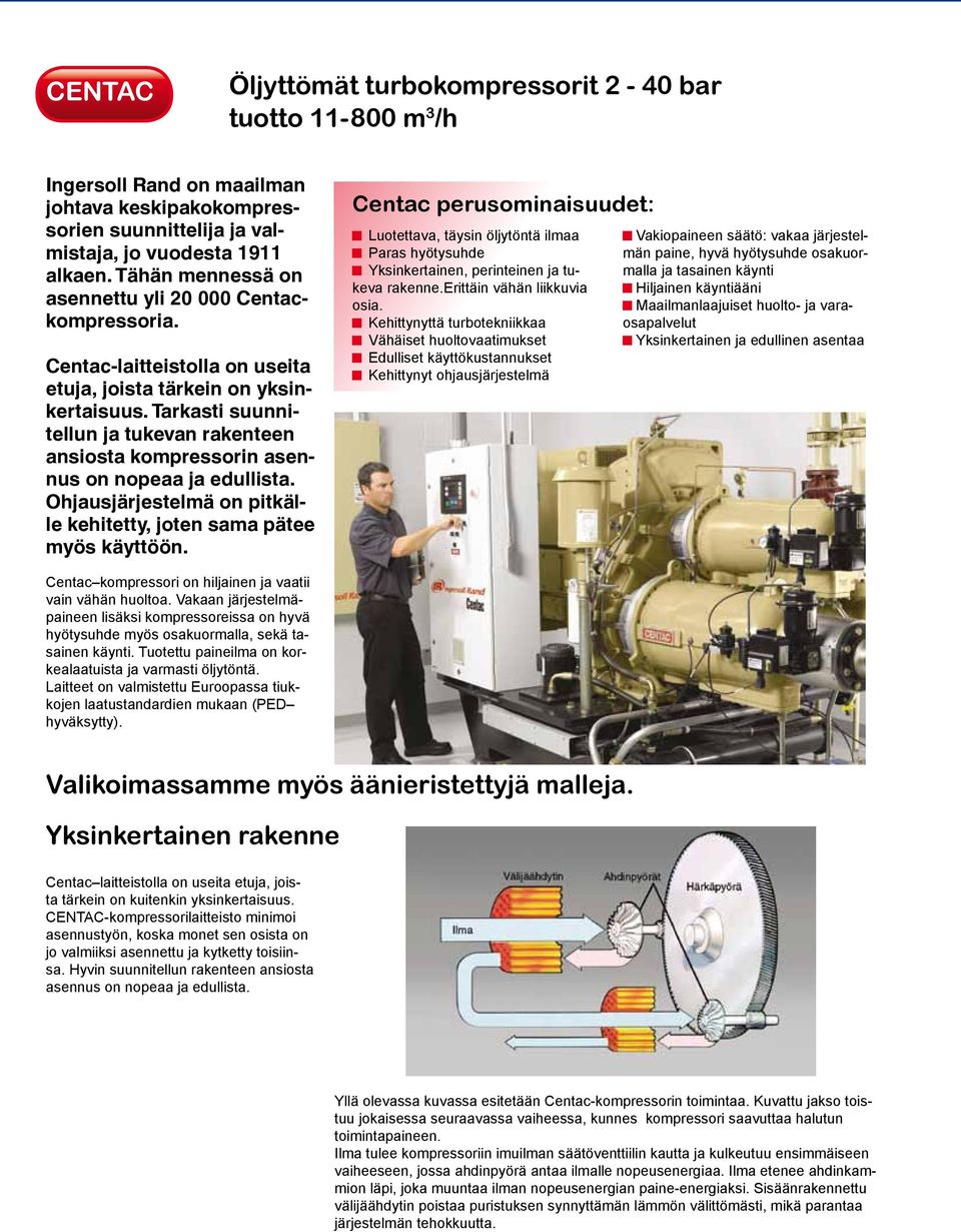 Tarkasti suunnitellun ja tukevan rakenteen ansiosta kompressorin asennus on nopeaa ja edullista. Ohjausjärjestelmä on pitkälle kehitetty, joten sama pätee myös käyttöön.