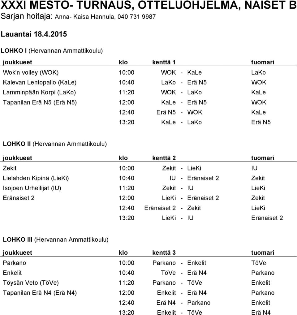 2015 LOHKO I (Hervannan Ammattikoulu) joukkueet klo kenttä 1 tuomari Wok'n volley (WOK) 10:00 WOK - KaLe LaKo Kalevan Lentopallo (KaLe) 10:40 LaKo - Erä N5 WOK Lamminpään Korpi (LaKo) 11:20 WOK -