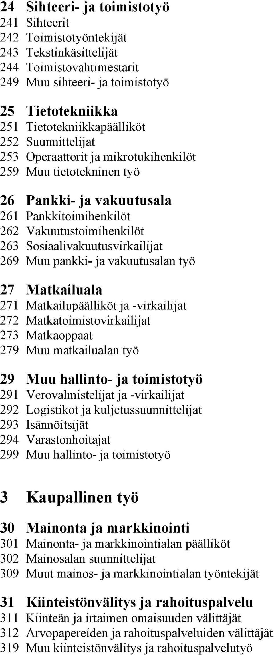 pankki- ja vakuutusalan työ 27 Matkailuala 271 Matkailupäälliköt ja -virkailijat 272 Matkatoimistovirkailijat 273 Matkaoppaat 279 Muu matkailualan työ 29 Muu hallinto- ja toimistotyö 291