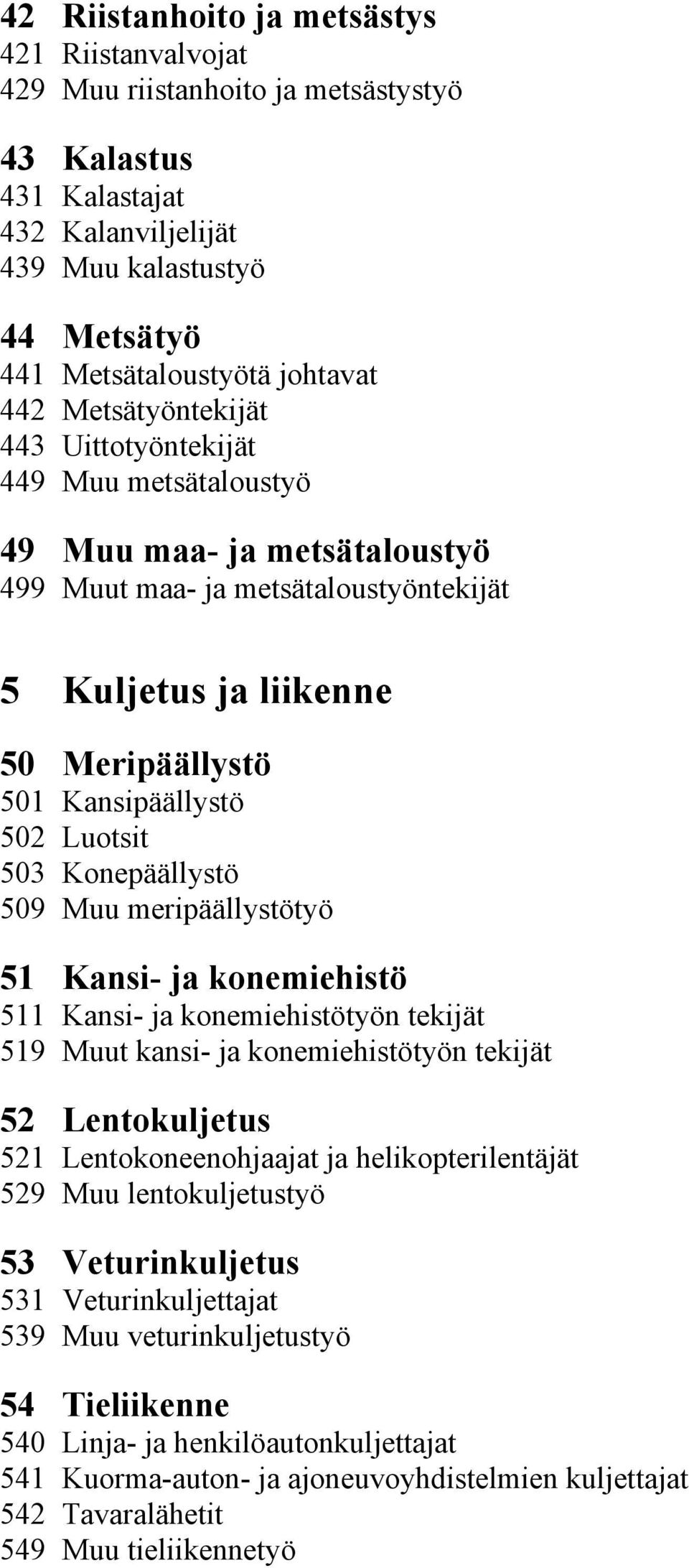 Luotsit 503 Konepäällystö 509 Muu meripäällystötyö 51 Kansi- ja konemiehistö 511 Kansi- ja konemiehistötyön tekijät 519 Muut kansi- ja konemiehistötyön tekijät 52 Lentokuljetus 521