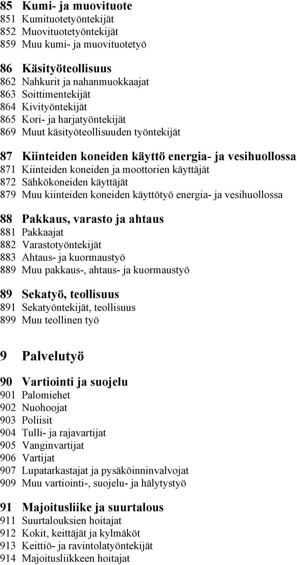 käyttäjät 879 Muu kiinteiden koneiden käyttötyö energia- ja vesihuollossa 88 Pakkaus, varasto ja ahtaus 881 Pakkaajat 882 Varastotyöntekijät 883 Ahtaus- ja kuormaustyö 889 Muu pakkaus-, ahtaus- ja