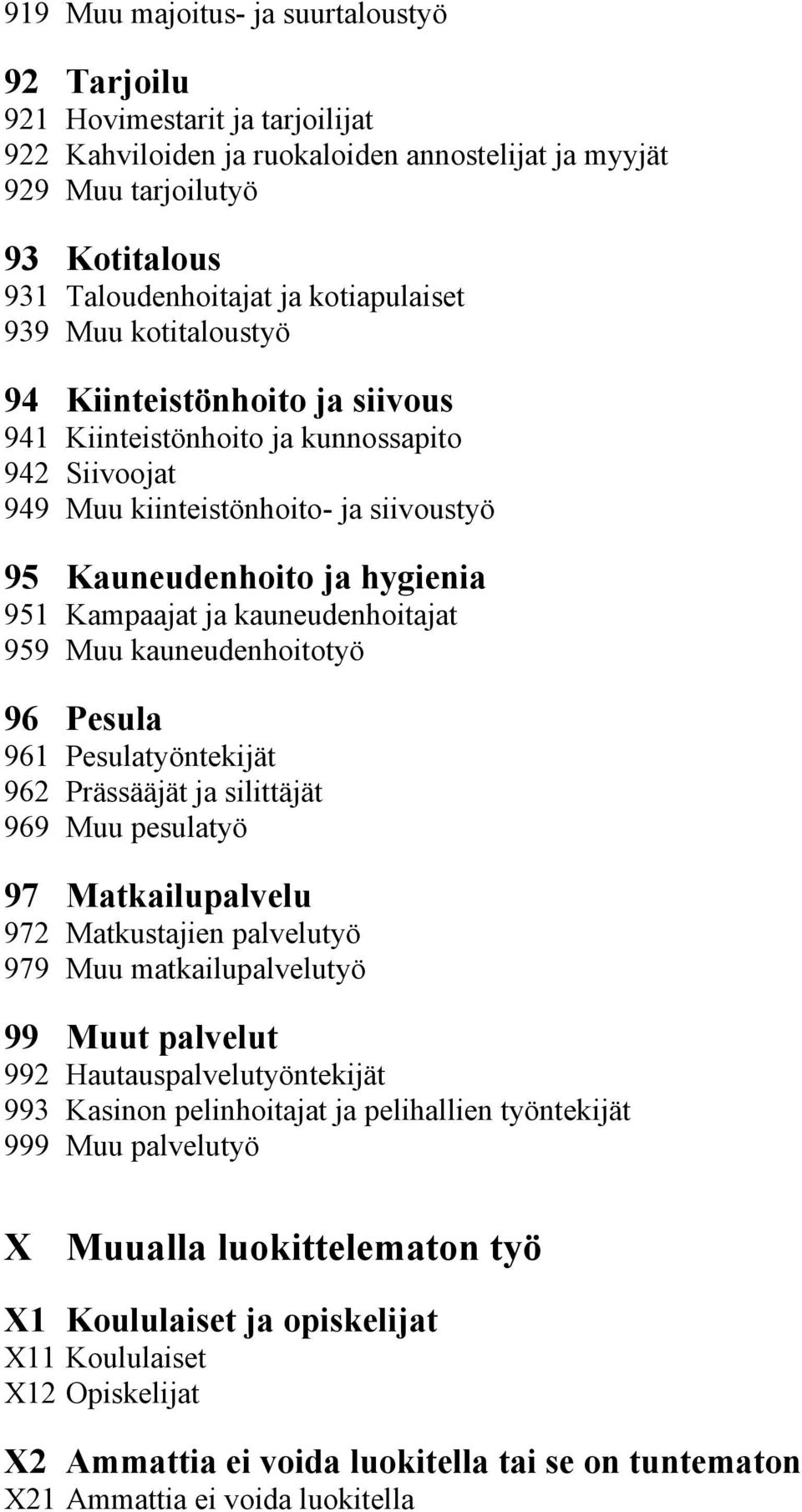 Kampaajat ja kauneudenhoitajat 959 Muu kauneudenhoitotyö 96 Pesula 961 Pesulatyöntekijät 962 Prässääjät ja silittäjät 969 Muu pesulatyö 97 Matkailupalvelu 972 Matkustajien palvelutyö 979 Muu