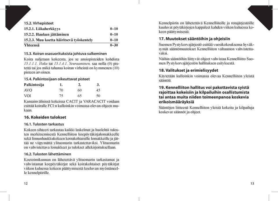 AVO 70 60 45 VOI 75 65 50 Kansainvälisissä kokeissa CACIT ja VARACACIT voidaan esittää koiralle FCI:n kulloinkin voimassa olevan ohjeen mukaan. 16