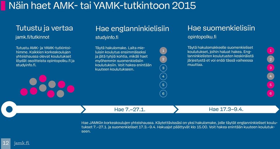 Laita mieluisin koulutus ensimmäiseksi ja jätä tyhjiä kohtia, mikäli haet myöhemmin suomenkielisiin koulutuksiin. Voit hakea enintään kuuteen koulutukseen.