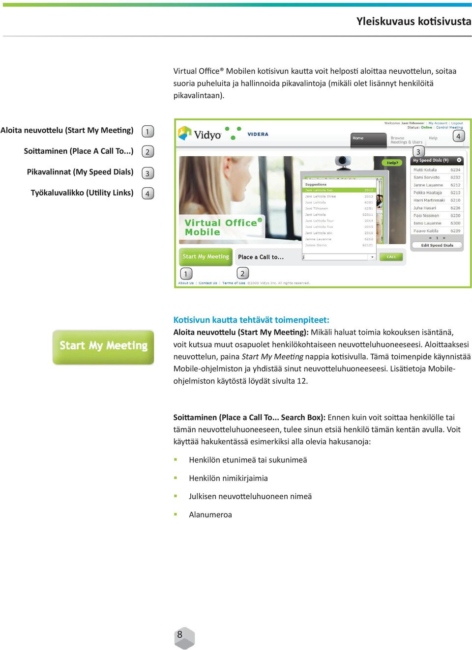 ..) Pikavalinnat (My Speed Dials) Työkaluvalikko (Utility Links) 1 2 3 4 3 4 1 2 Kotisivun kautta tehtävät toimenpiteet: Aloita neuvottelu (Start My Meeting): Mikäli haluat toimia kokouksen isäntänä,