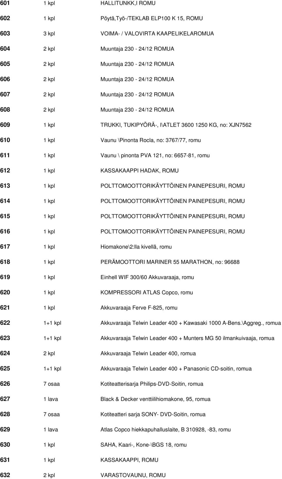 3767/77, romu 611 1 kpl Vaunu \ pinonta PVA 121, no: 6657-81, romu 612 1 kpl KASSAKAAPPI HADAK, ROMU 613 1 kpl POLTTOMOOTTORIKÄYTTÖINEN PAINEPESURI, ROMU 614 1 kpl POLTTOMOOTTORIKÄYTTÖINEN