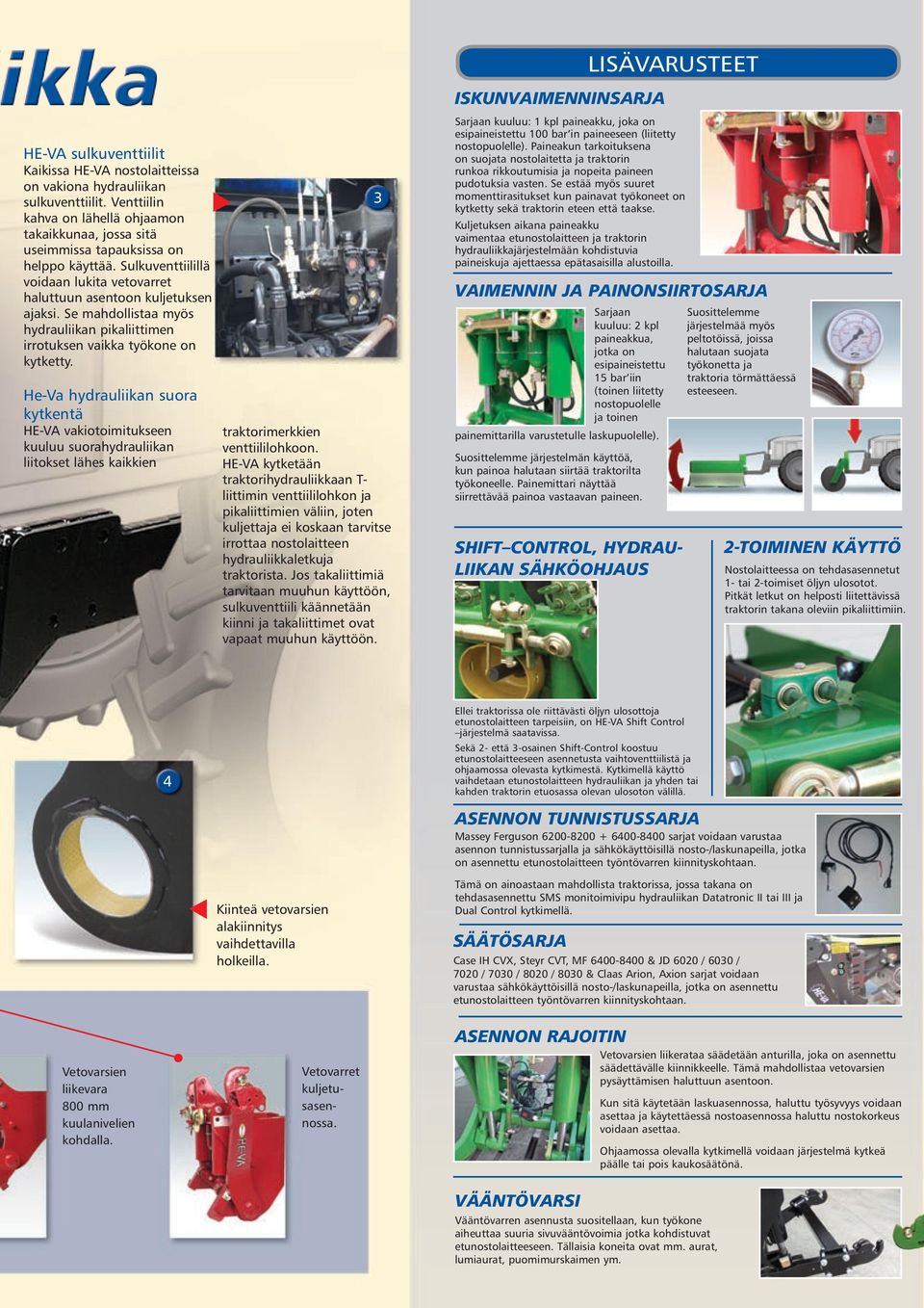 He-Va hydrauliikan suora kytkentä HE-VA vakiotoimitukseen kuuluu suorahydrauliikan liitokset lähes kaikkien traktorimerkkien venttiililohkoon.