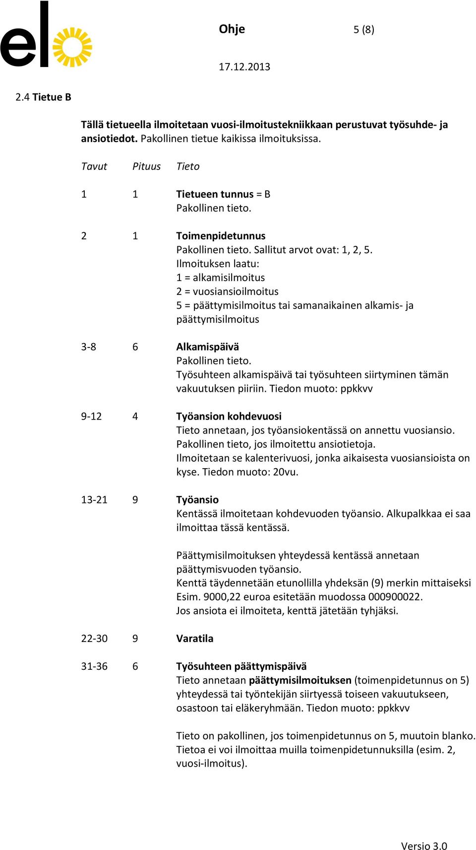 Ilmoituksen laatu: 1 = alkamisilmoitus 2 = vuosiansioilmoitus 5 = päättymisilmoitus tai samanaikainen alkamis- ja päättymisilmoitus 3-8 6 Alkamispäivä Pakollinen tieto.