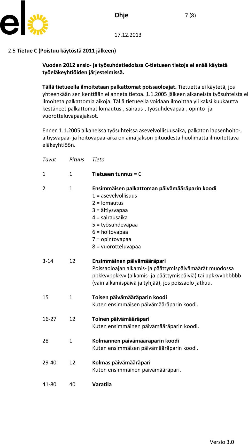 Tällä tietueella voidaan ilmoittaa yli kaksi kuukautta kestäneet palkattomat lomautus-, sairaus-, työsuhdevapaa-, opinto- ja vuorotteluvapaajaksot. Ennen 1.