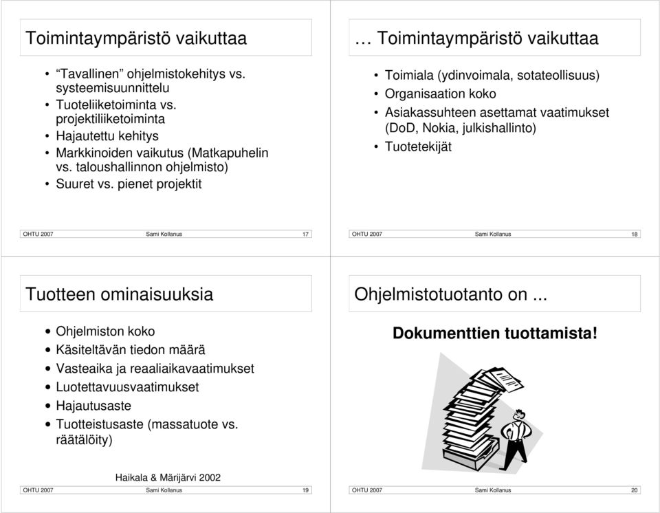 pienet projektit Toimiala (ydinvoimala, sotateollisuus) Organisaation koko Asiakassuhteen asettamat vaatimukset (DoD, Nokia, julkishallinto) Tuotetekijät OHTU 2007 Sami Kollanus 17 OHTU