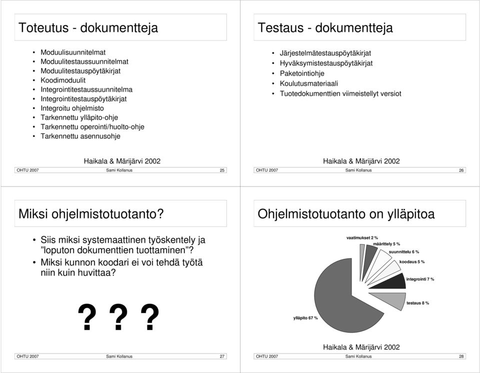 Tuotedokumenttien viimeistellyt versiot OHTU 2007 Sami Kollanus 25 OHTU 2007 Sami Kollanus 26 Miksi ohjelmistotuotanto?