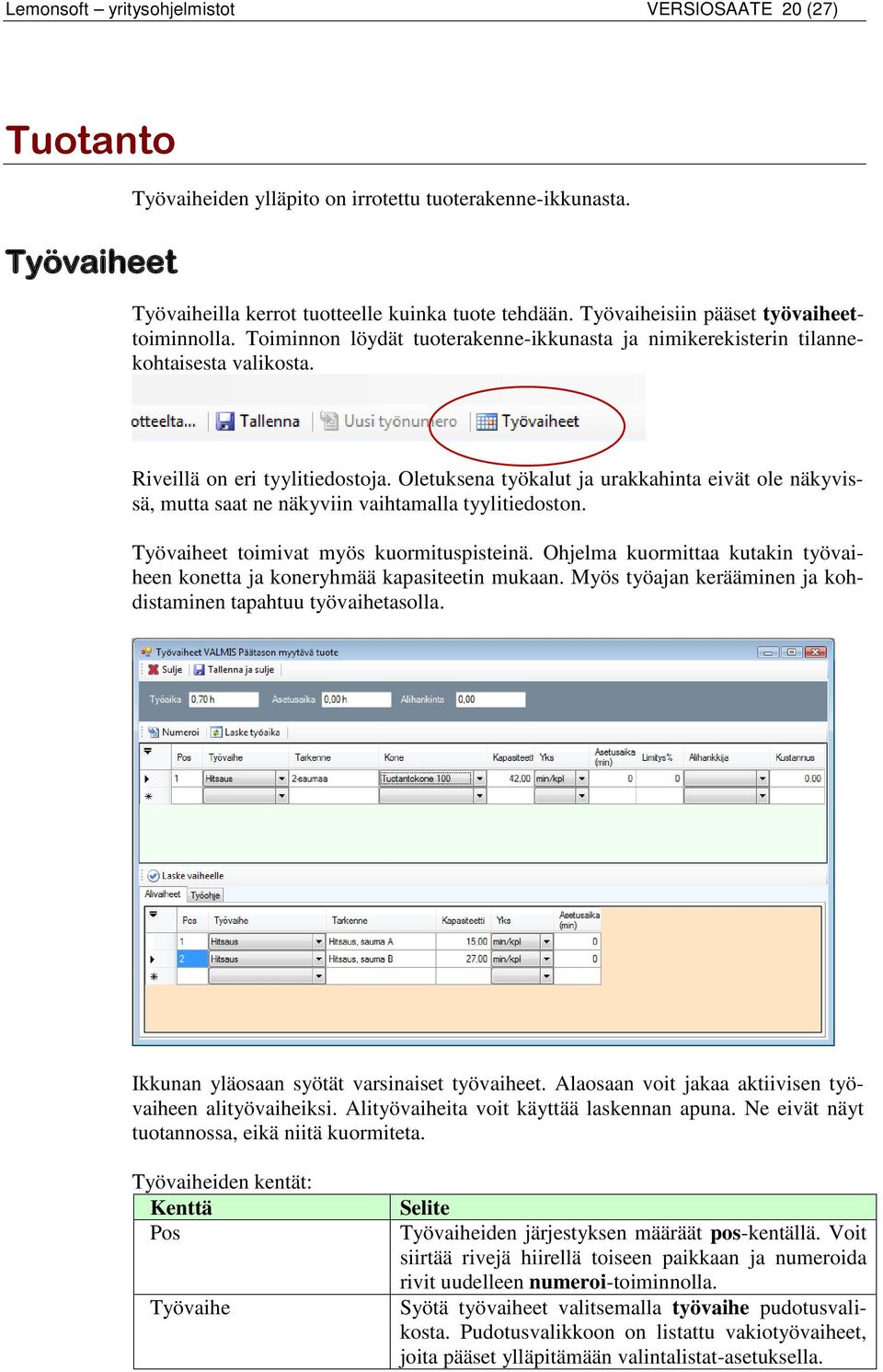 Oletuksena työkalut ja urakkahinta eivät ole näkyvissä, mutta saat ne näkyviin vaihtamalla tyylitiedoston. Työvaiheet toimivat myös kuormituspisteinä.