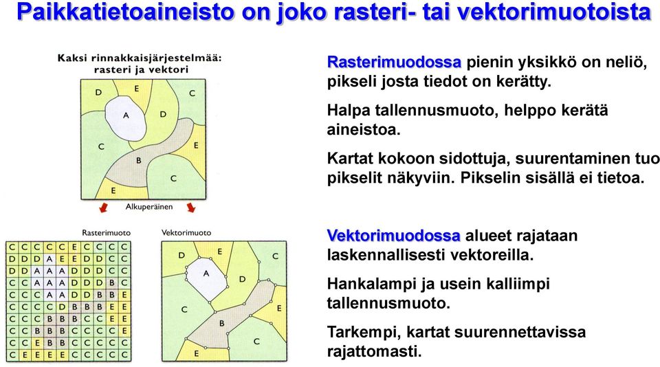 Kartat kokoon sidottuja, suurentaminen tuo pikselit näkyviin. Pikselin sisällä ei tietoa.