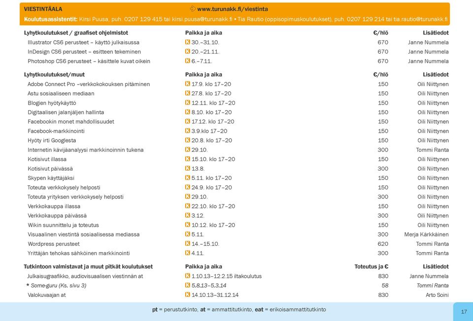 21.11. 670 Janne Nummela Photoshop CS6 perusteet käsittele kuvat oikein K 6. 7.11. 670 Janne Nummela Lyhytkoulutukset/muut Paikka ja aika /hlö Lisätiedot Adobe Connect Pro verkkokokouksen pitäminen K 17.