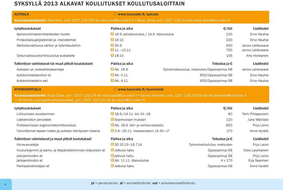 10. 220 Erno Hauhia Sähköturvallisuus sähkö- ja hybridiautoihin A 30.9. 400 Jarmo Lehtovaara A 11. 12.11. 750 Jarmo Lehtovaara Työturvallisuuskorttikoulutus autoalalle A 18.10. 105 Arto Honkanen Tutkintoon valmistavat tai muut pitkät koulutukset Paikka ja aika Toteutus ja Lisätiedot Autoalan pt, autosähköasentaja A Alk.