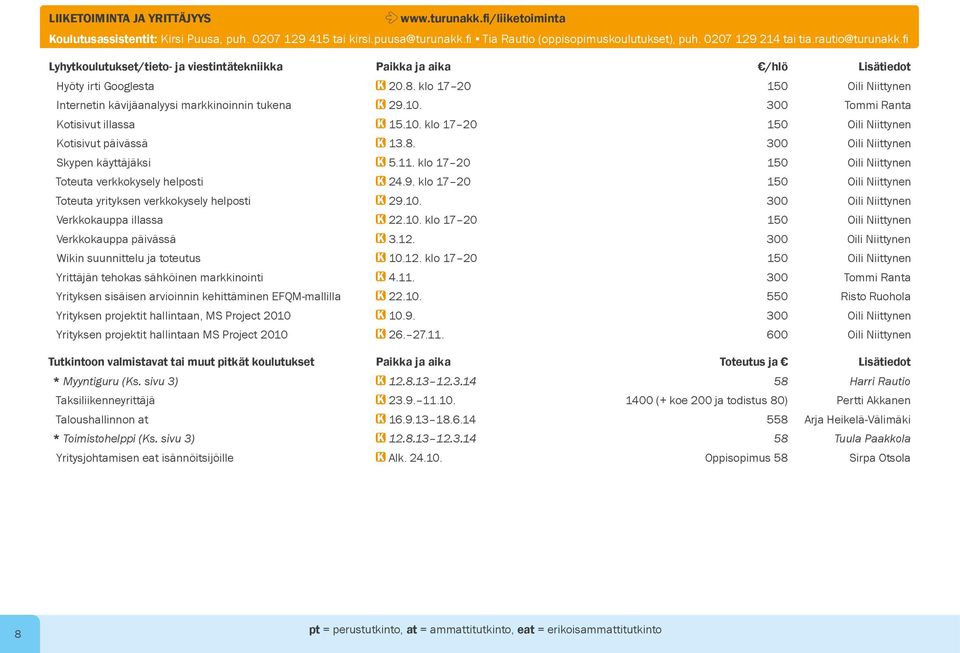 klo 17 20 150 Oili Niittynen Internetin kävijäanalyysi markkinoinnin tukena K 29.10. 300 Tommi Ranta Kotisivut illassa K 15.10. klo 17 20 150 Oili Niittynen Kotisivut päivässä K 13.8.