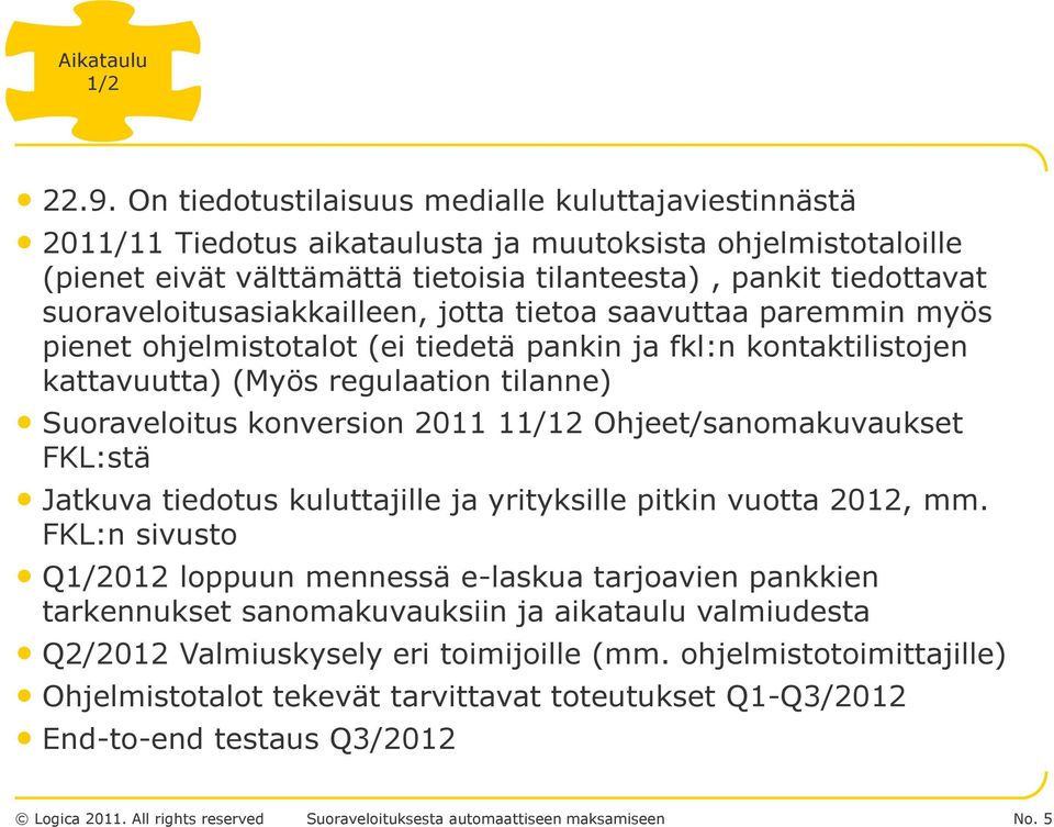 suoraveloitusasiakkailleen, jotta tietoa saavuttaa paremmin myös pienet ohjelmistotalot (ei tiedetä pankin ja fkl:n kontaktilistojen kattavuutta) (Myös regulaation tilanne) Suoraveloitus konversion