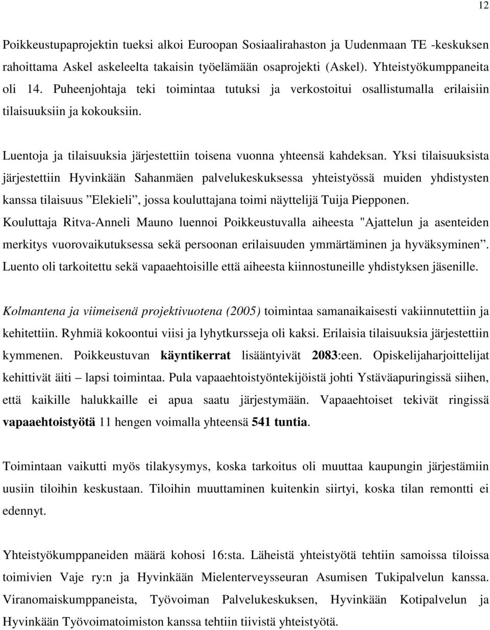 Yksi tilaisuuksista järjestettiin Hyvinkään Sahanmäen palvelukeskuksessa yhteistyössä muiden yhdistysten kanssa tilaisuus Elekieli, jossa kouluttajana toimi näyttelijä Tuija Piepponen.