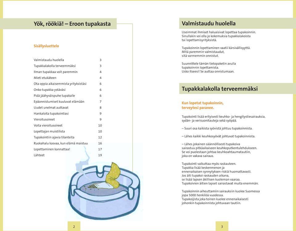 Pidä jäähyväispuhe tupakalle 6 Epäonnistumiset kuuluvat elämään 7 Uudet unelmat auttavat 8 Hankaloita tupakointiasi 9 Vieroitusoireet 9 Voita vieroitusoireet 10 Lopettajan muistilista 10 Tupakointiin