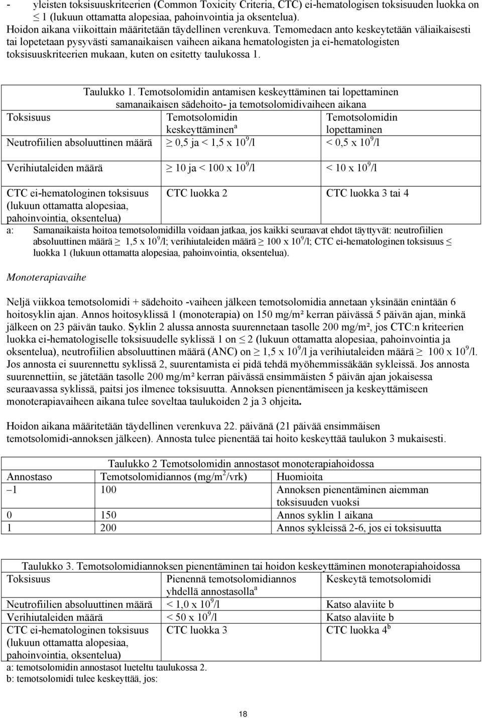 Temomedacn anto keskeytetään väliaikaisesti tai lopetetaan pysyvästi samanaikaisen vaiheen aikana hematologisten ja ei-hematologisten toksisuuskriteerien mukaan, kuten on esitetty taulukossa 1.