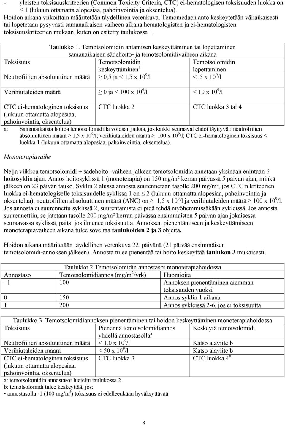 Temomedacn anto keskeytetään väliaikaisesti tai lopetetaan pysyvästi samanaikaisen vaiheen aikana hematologisten ja ei-hematologisten toksisuuskriteerien mukaan, kuten on esitetty taulukossa 1.