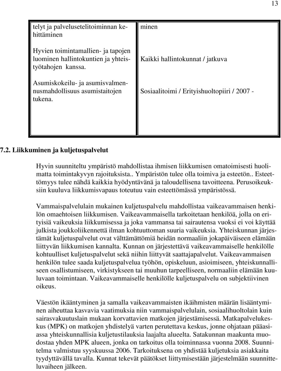 07-7.2. Liikkuminen ja kuljetuspalvelut Hyvin suunniteltu ympäristö mahdollistaa ihmisen liikkumisen omatoimisesti huolimatta toimintakyvyn rajoituksista.. Ympäristön tulee olla toimiva ja esteetön.