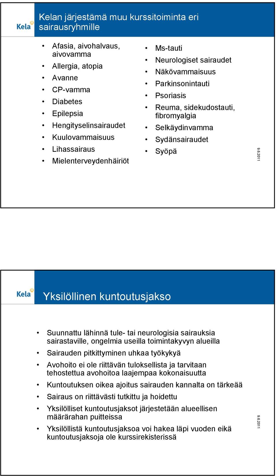 Suunnattu lähinnä tule- tai neurologisia sairauksia sairastaville, ongelmia useilla toimintakyvyn alueilla Sairauden pitkittyminen uhkaa työkykyä Avohoito ei ole riittävän tuloksellista ja tarvitaan