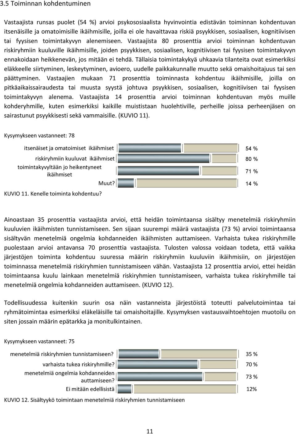 Vastaajista 80 prsenttia arvii timinnan khdentuvan riskiryhmiin kuuluville ikäihmisille, jiden psyykkisen, ssiaalisen, kgnitiivisen tai fyysisen timintakyvyn ennakidaan heikkenevän, js mitään ei