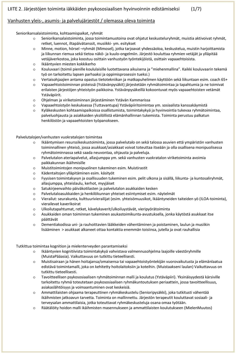 Senirikansalaistiminta, jssa timintamutina vat hjatut keskusteluryhmät, muistia aktivivat ryhmät, retket, luennt, iltapäivätanssit, musiikki- ym.