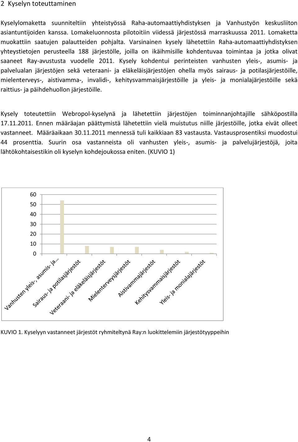 Varsinainen kysely lähetettiin Raha-autmaattiyhdistyksen yhteystietjen perusteella 188 järjestölle, jilla n ikäihmisille khdentuvaa timintaa ja jtka livat saaneet Ray-avustusta vudelle 2011.