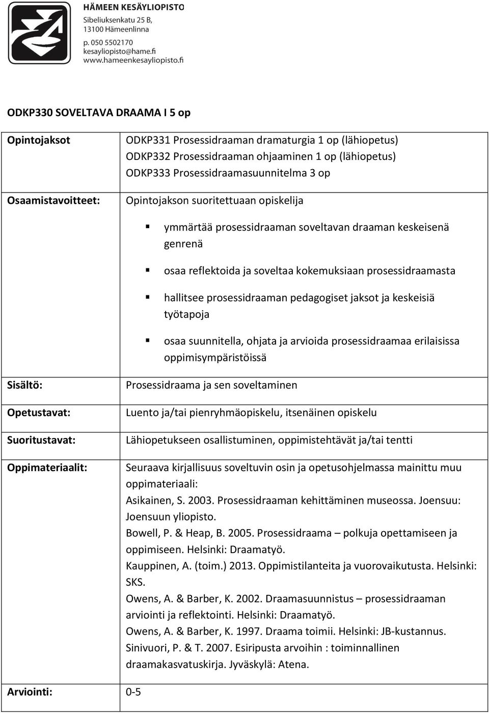 ohjata ja arvioida prosessidraamaa erilaisissa oppimisympäristöissä Prosessidraama ja sen soveltaminen Asikainen, S. 2003. Prosessidraaman kehittäminen museossa. Joensuu: Joensuun yliopisto.