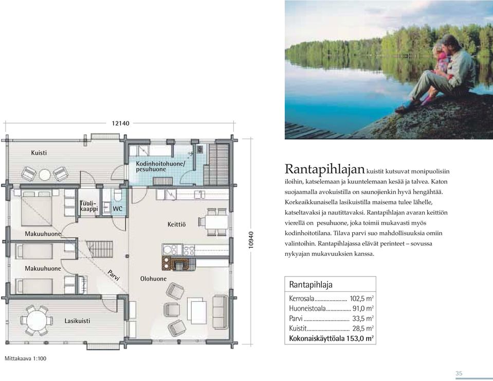 Rantapihlajan avaran keittiön Keittiö 10940 vierellä on pesuhuone, joka toimii mukavasti myös kodinhoitotilana. Tilava parvi suo mahdollisuuksia omiin valintoihin.