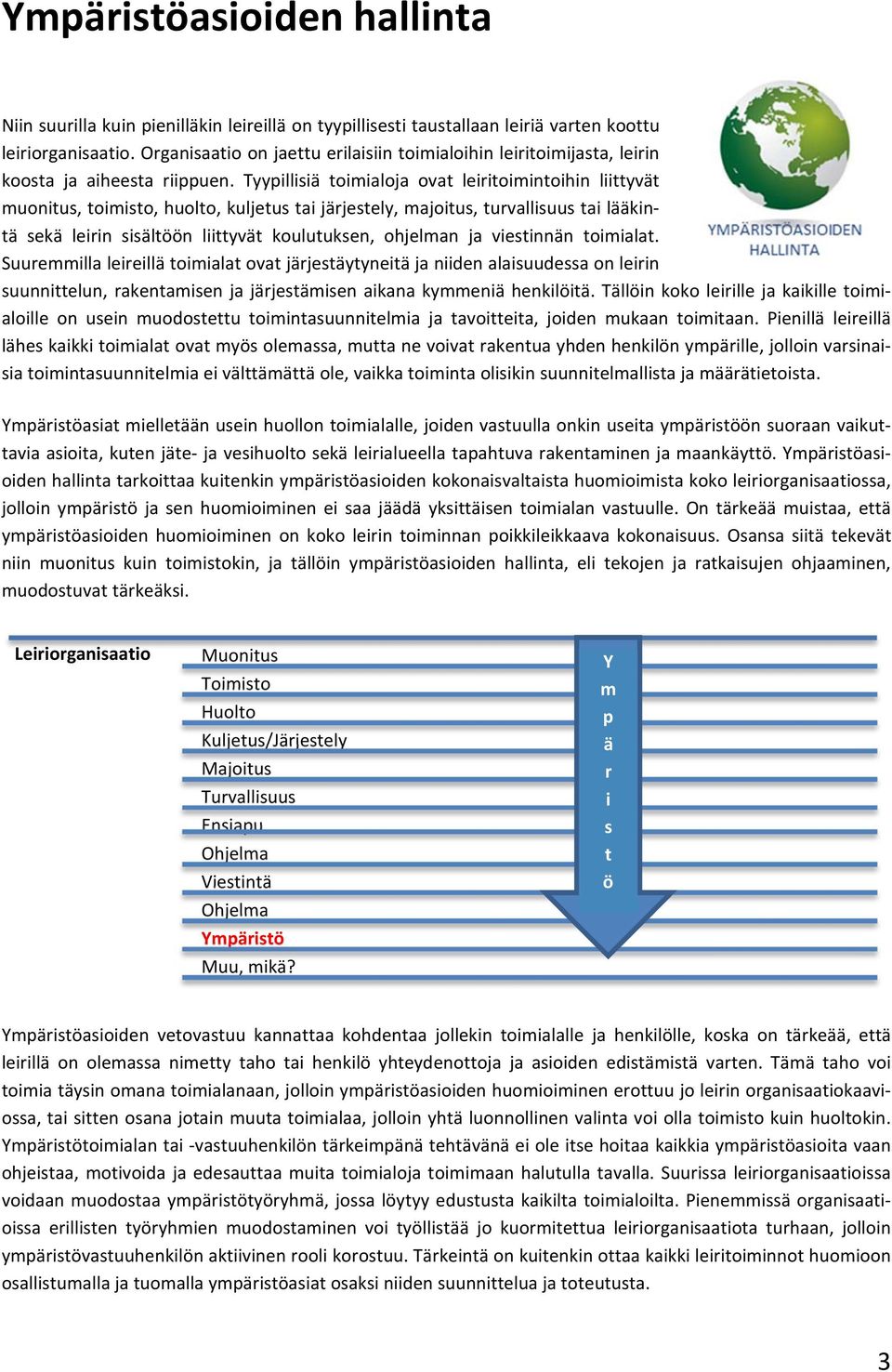 Tyypillisiä toimialoja ovat leiritoimintoihin liittyvät muonitus, toimisto, huolto, kuljetus tai järjestely, majoitus, turvallisuus tai lääkintä sekä leirin sisältöön liittyvät koulutuksen, ohjelman