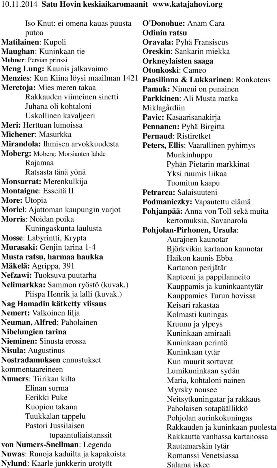 tänä yönä Monsarrat: Merenkulkija Montaigne: Esseitä II More: Utopia Moriel: Ajattoman kaupungin varjot Morris: Noidan poika Kuningaskunta laulusta Mosse: Labyrintti, Krypta Murasaki: Genjin tarina