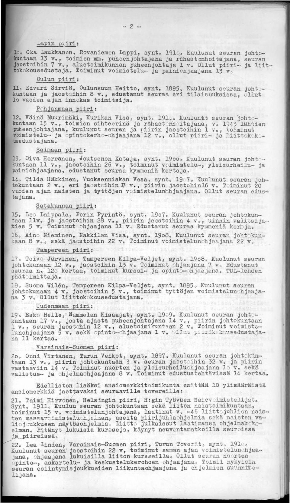 .. tokokousedustaja& Toiminut voimistelu- ja painic'hjt:;.ajana 13 V o Oulun piiri: Ilo Edva.rd Sirviö, Oulunsuun Heitto, aynt. 18950 Kuulunut seuran joht ::;-~ kuntaan ja jaostjihin 8 v.