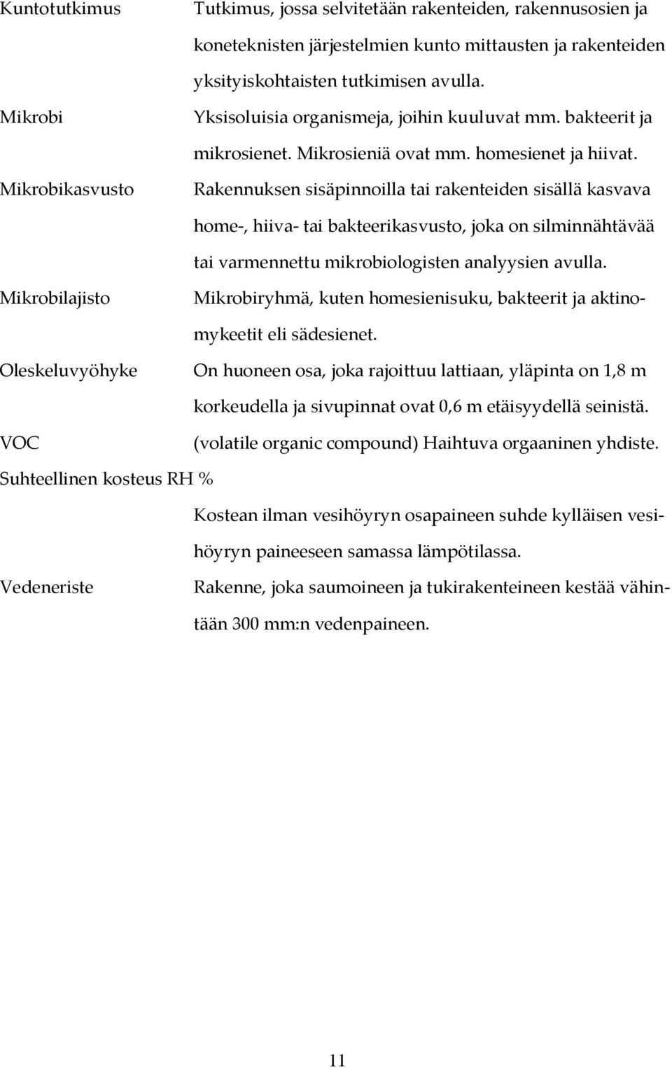 Mikrobikasvusto Rakennuksen sisäpinnoilla tai rakenteiden sisällä kasvava home-, hiiva- tai bakteerikasvusto, joka on silminnähtävää tai varmennettu mikrobiologisten analyysien avulla.