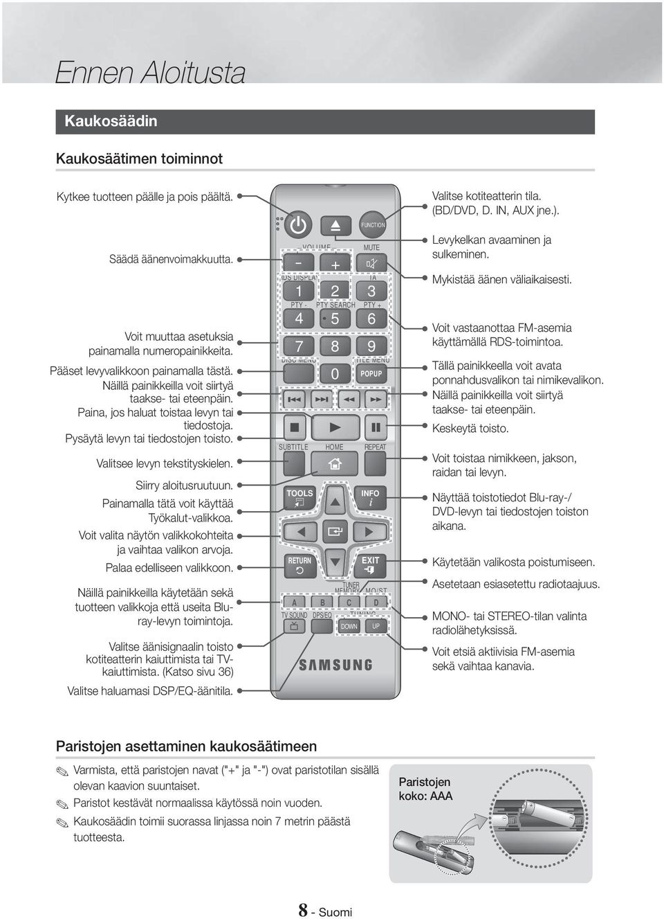 Valitsee levyn tekstityskielen. Siirry aloitusruutuun. Painamalla tätä voit käyttää Työkalut-valikkoa. Voit valita näytön valikkokohteita ja vaihtaa valikon arvoja. Palaa edelliseen valikkoon.