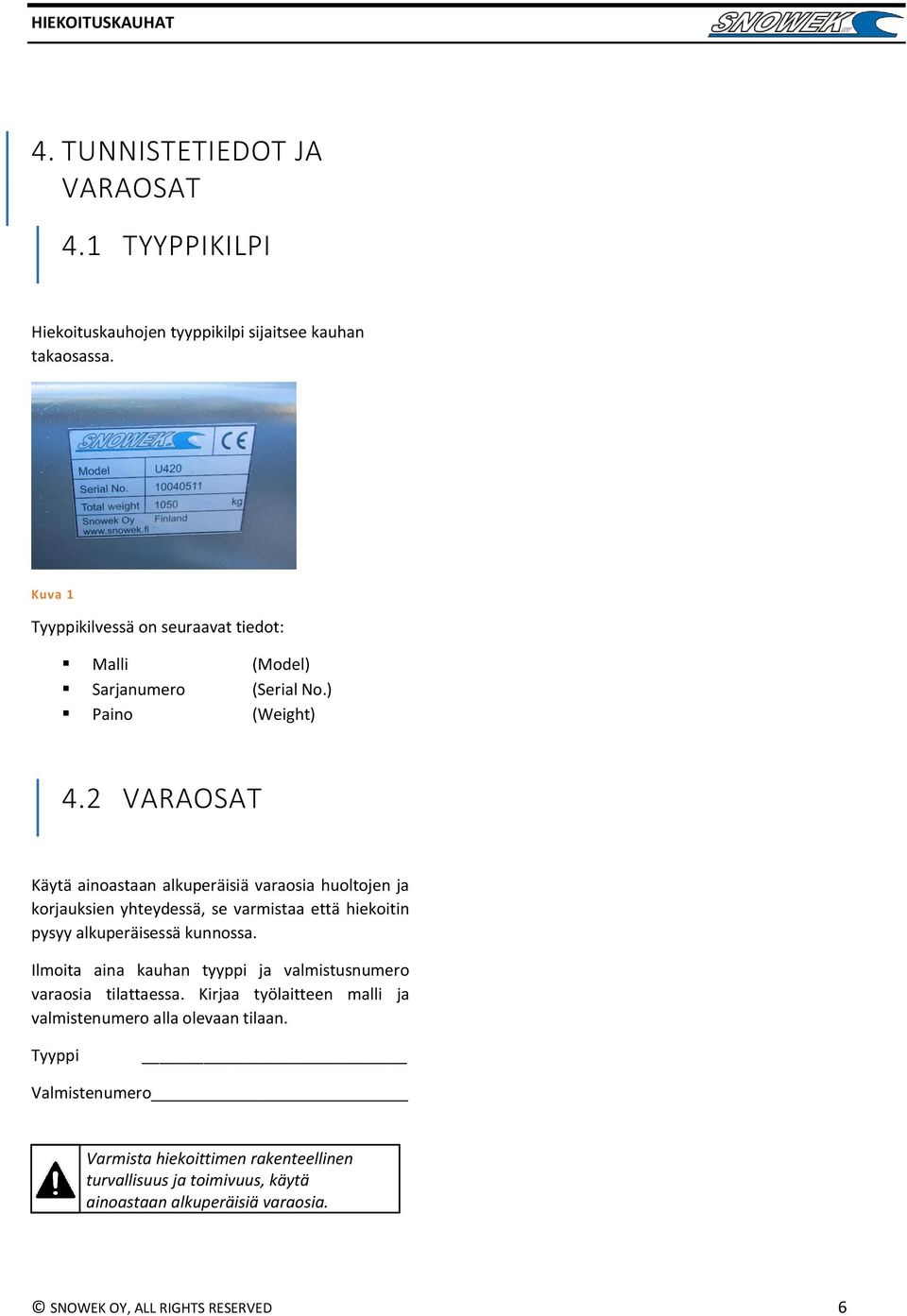 2 VARAOSAT Käytä ainoastaan alkuperäisiä varaosia huoltojen ja korjauksien yhteydessä, se varmistaa että hiekoitin pysyy alkuperäisessä kunnossa.