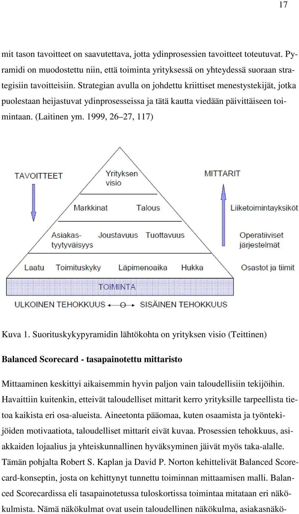 Suorituskykypyramidin lähtökohta on yrityksen visio (Teittinen) Balanced Scorecard - tasapainotettu mittaristo Mittaaminen keskittyi aikaisemmin hyvin paljon vain taloudellisiin tekijöihin.