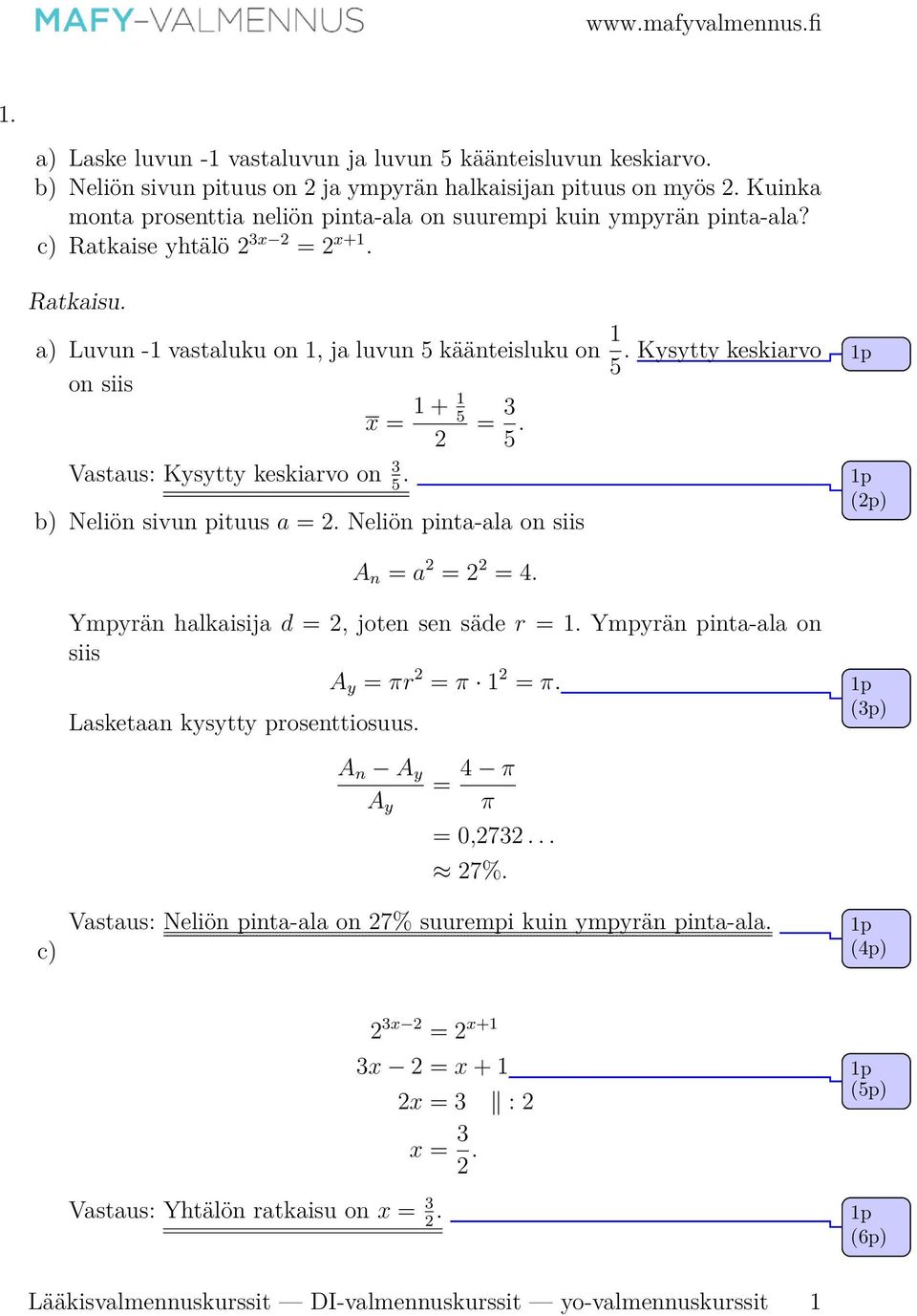 Kysytty keskiarvo on siis x = 1 + 1 5 Vastaus: Kysytty keskiarvo on 3. 5 = 3 5. b) Neliön sivun pituus a =. Neliön pinta-ala on siis A n = a = = 4. (p) c) Ympyrän halkaisija d =, joten sen säde r = 1.