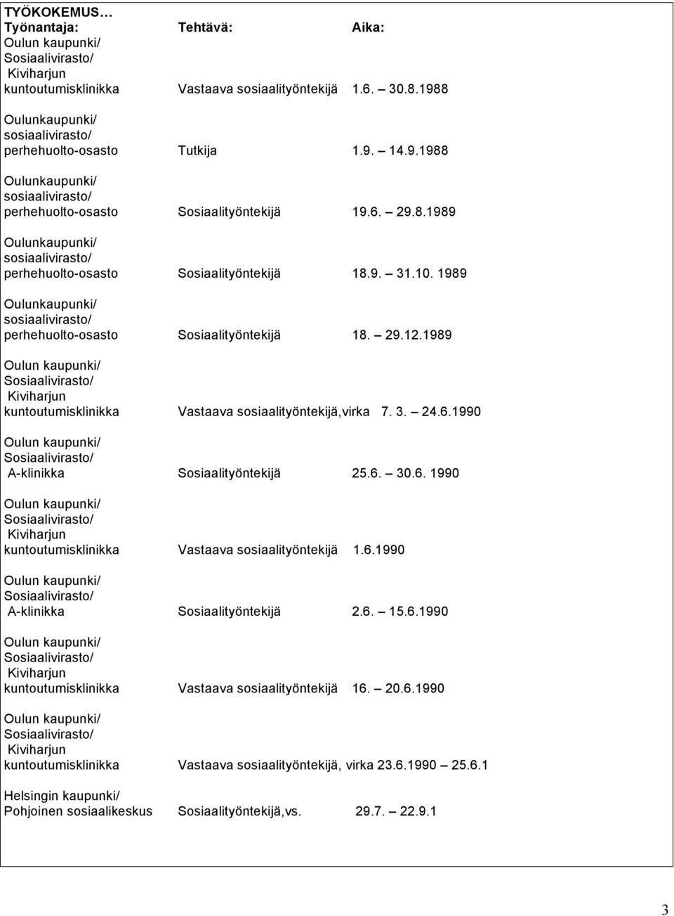 6. 1990 kuntoutumisklinikka Vastaava sosiaalityöntekijä 1.6.1990 A-klinikka Sosiaalityöntekijä 2.6. 15.6.1990 kuntoutumisklinikka Vastaava sosiaalityöntekijä 16. 20.6.1990 kuntoutumisklinikka Vastaava sosiaalityöntekijä, virka 23.