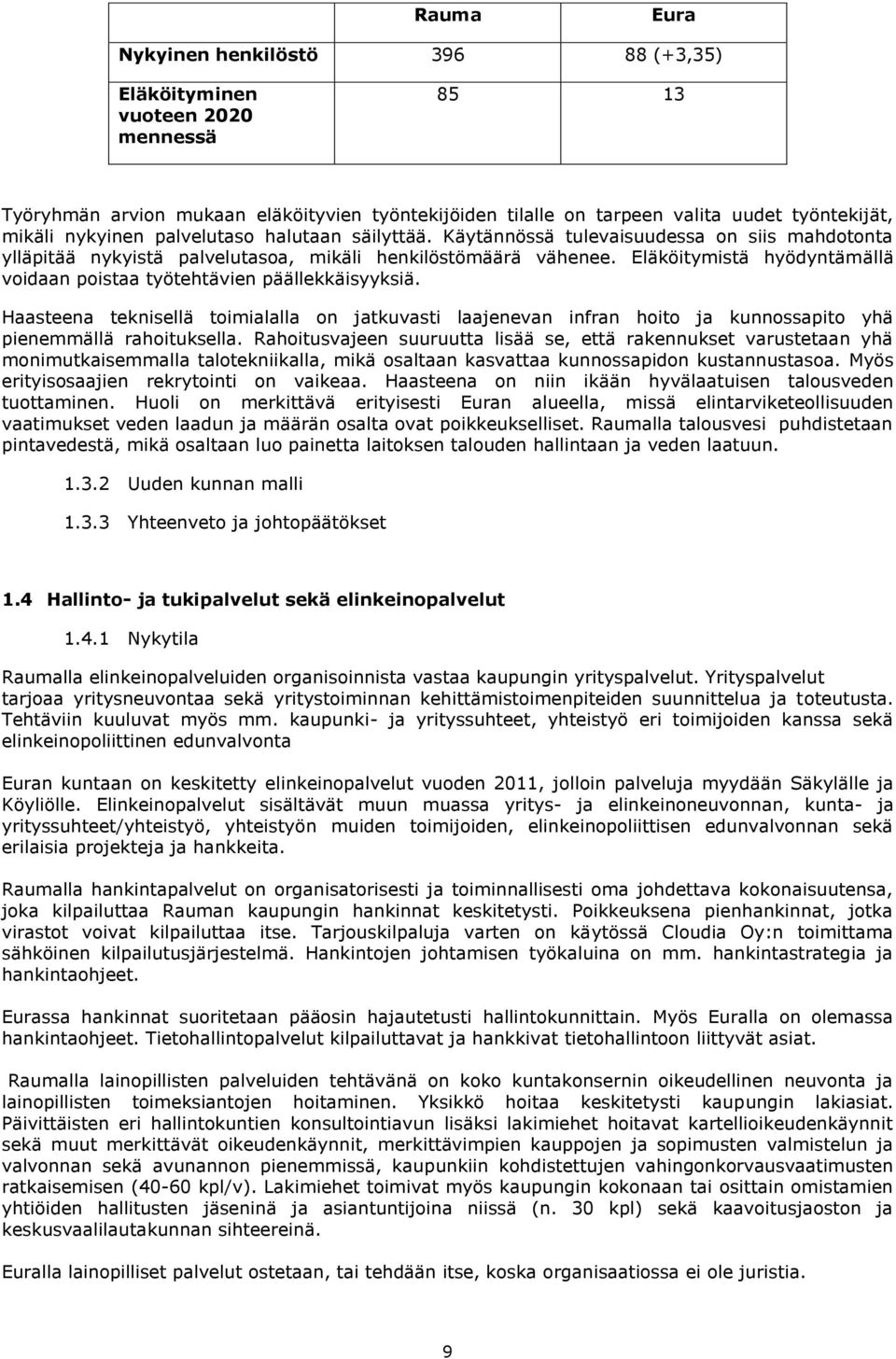 Eläköitymistä hyödyntämällä voidaan poistaa työtehtävien päällekkäisyyksiä. Haasteena teknisellä toimialalla on jatkuvasti laajenevan infran hoito ja kunnossapito yhä pienemmällä rahoituksella.