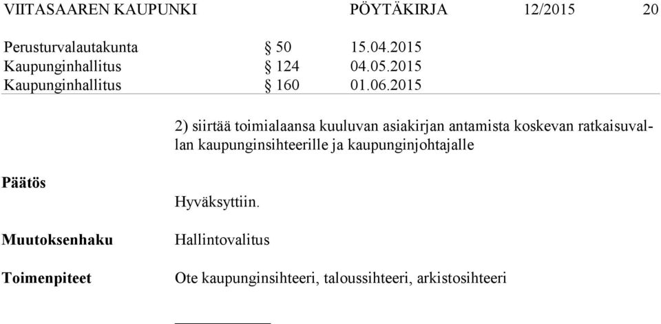 2015 2) siirtää toimialaansa kuuluvan asiakirjan antamista koskevan rat kai su vallan