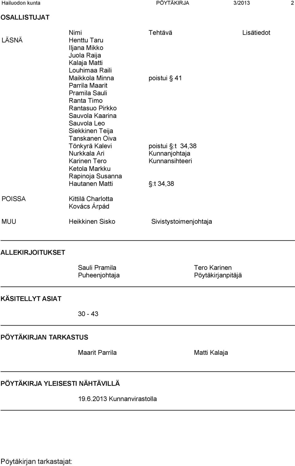 Karinen Tero Kunnansihteeri Ketola Markku Rapinoja Susanna Hautanen Matti :t 34,38 Kittilä Charlotta Kovács Árpád MUU Heikkinen Sisko Sivistystoimenjohtaja ALLEKIRJOITUKSET Sauli