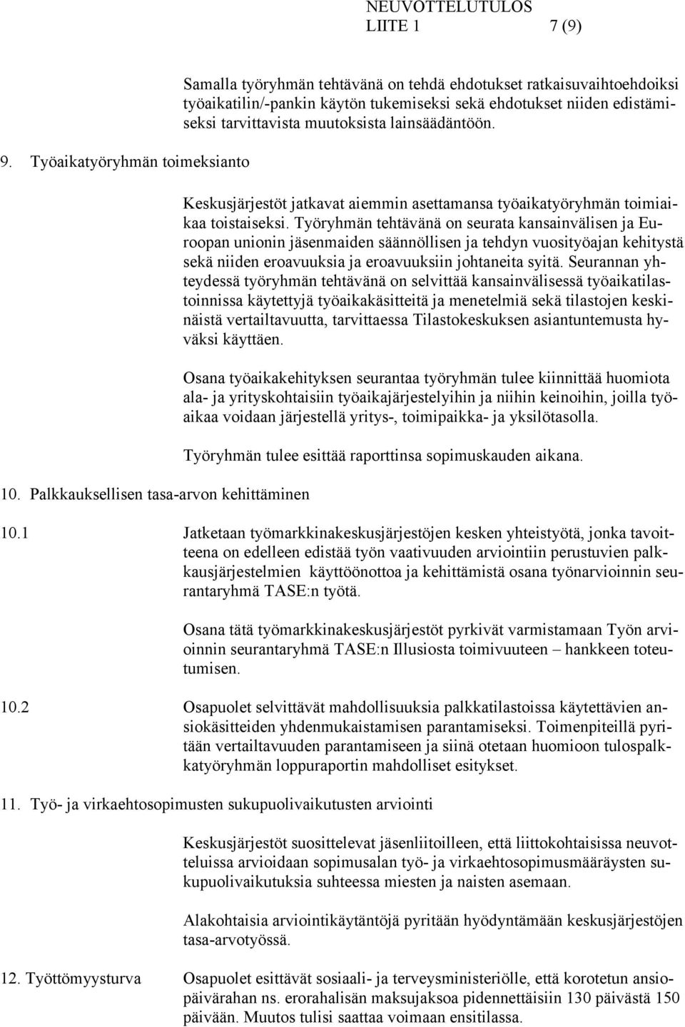 tarvittavista muutoksista lainsäädäntöön. Keskusjärjestöt jatkavat aiemmin asettamansa työaikatyöryhmän toimiaikaa toistaiseksi.